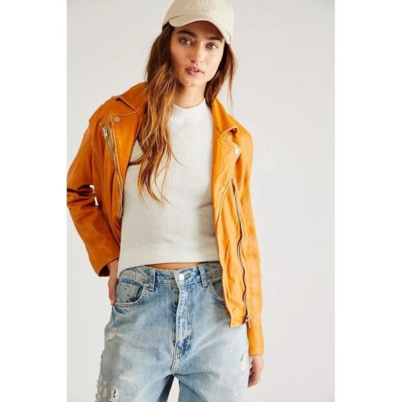 NWT FREE PEOPLE Sz L SOFIA LEATHER JACKET IN MANGO - Picture 1 of 3